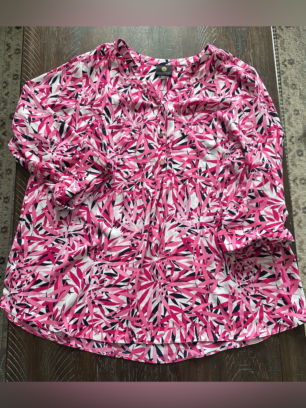 JM Collection Pink, White & Black Leaf Print V-Neck Top - Plus Size 2X